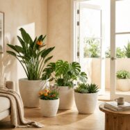 Luxury white round planters styled in a bright contemporary interior