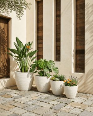 Luxury white round planters styled on a sunlit modern patio