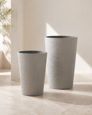 Luxury Stone Textured Tall Round Planter – Light Gray