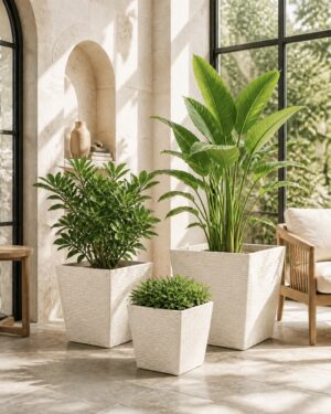 Stone Textured Square Plastic Planter – White