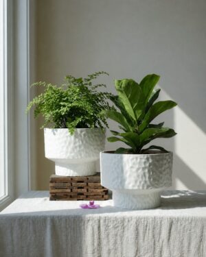 White hammered round planter styled with indoor greenery