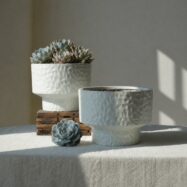 Luxury white textured round planter in a contemporary interior