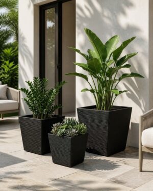 Luxury Stone Textured Square Planter – Black