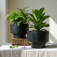 Black hammered round plastic planters with plants