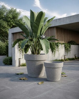 Jumbo and Super Jumbo light gray stone textured round planters outside a modern residence