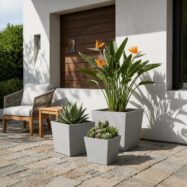 Light gray stone textured square planters in a modern patio setting