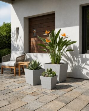 Light gray stone textured square planters in a modern patio setting
