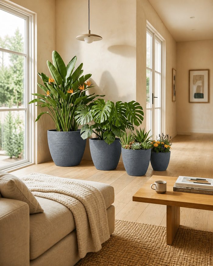 gallery-blue-gray-round-planters-living-room Blue gray round planters in a modern living room