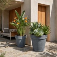 Blue Gray jumbo stone textured planters on a modern architectural patio