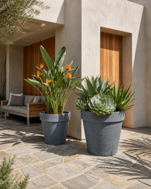Blue Gray jumbo stone textured planters on a modern architectural patio