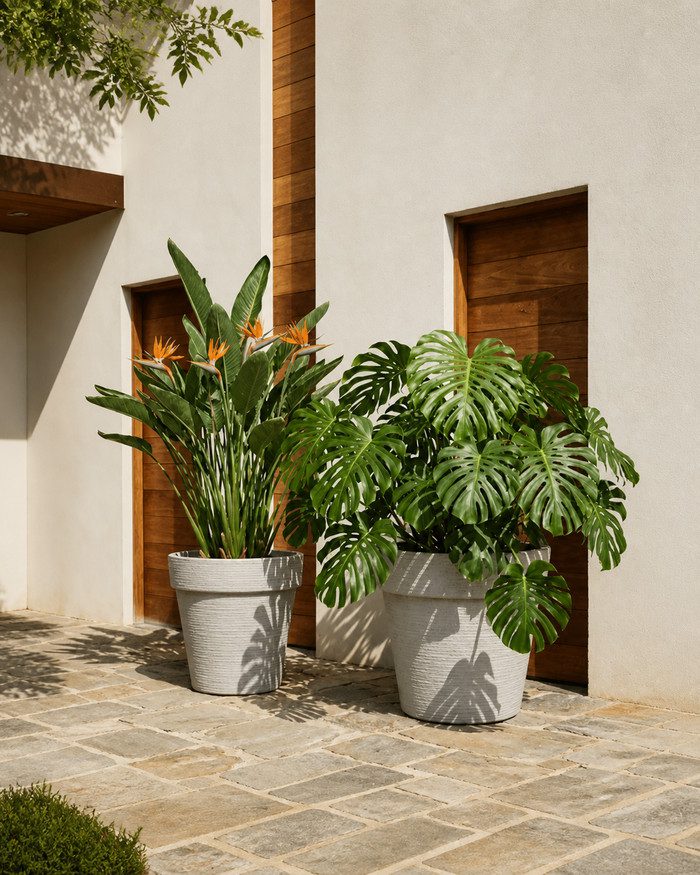 gallery-jumbo-light-gray-planters-patio Jumbo light gray stone textured planters styled with tropical plants on a luxury patio