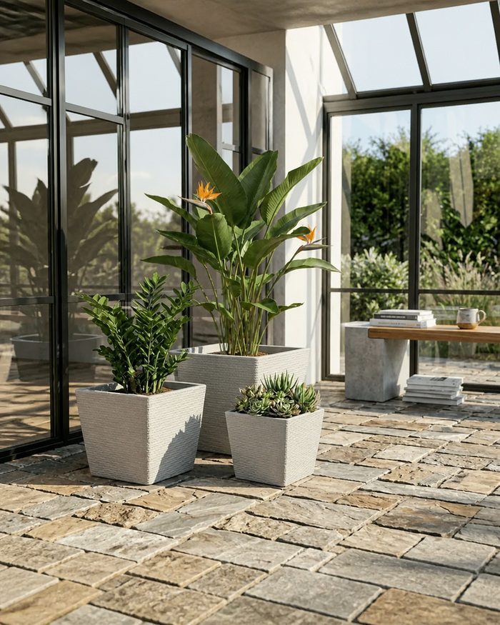 gallery-light-gray-square-planters-conservatory Light gray square planters styled in a bright conservatory