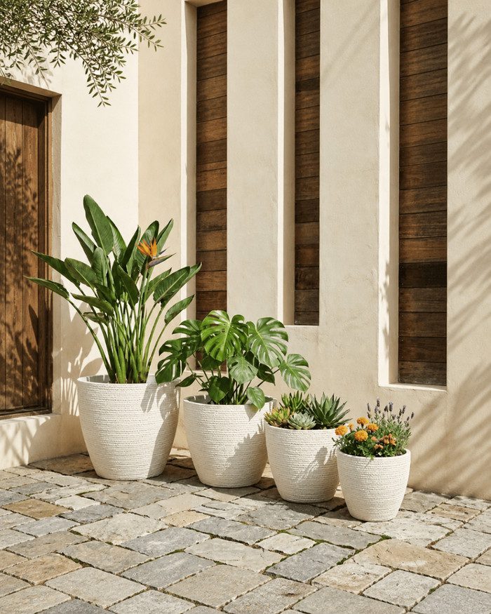 Green plants in white round planters creating a relaxed outdoor corner
