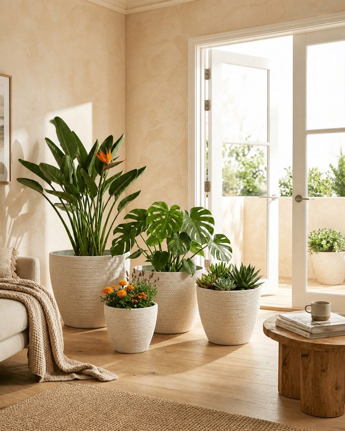 Leafy indoor plants in white textured planters beside a sunlit living-room window